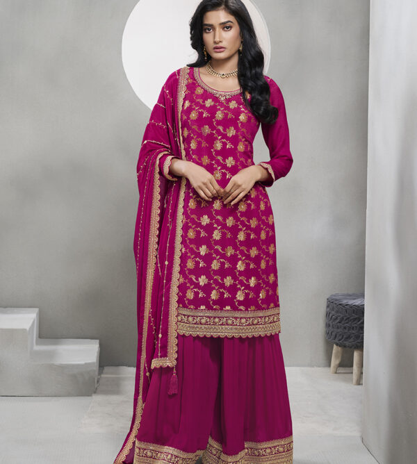 Magenta Jacquard With Embroidery Sharara Set