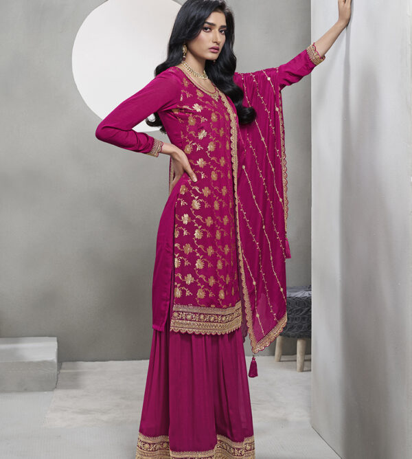 Magenta Jacquard With Embroidery Sharara Set